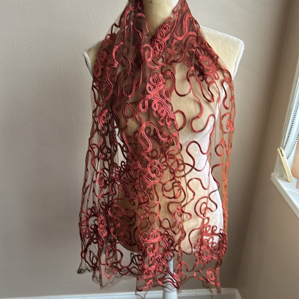 New Women’s Scarf Soutache Embroidered Mesh Tulle Rust New Dressy ST3225
